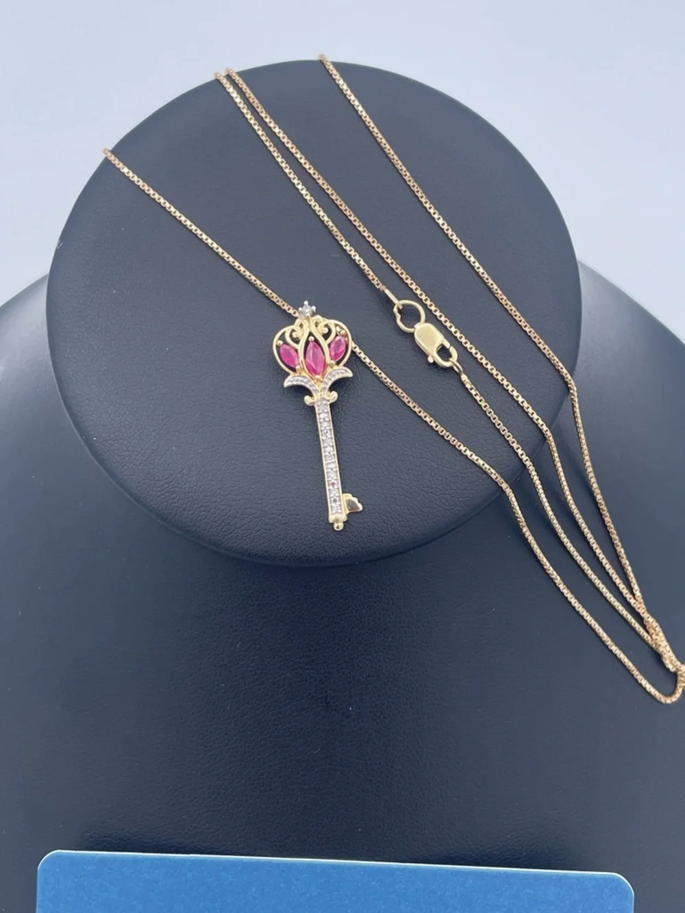 14K Gold Ruby Diamond Key Pendant Necklace 30” Box Chain Authenticated Estate - Picture 10 of 10